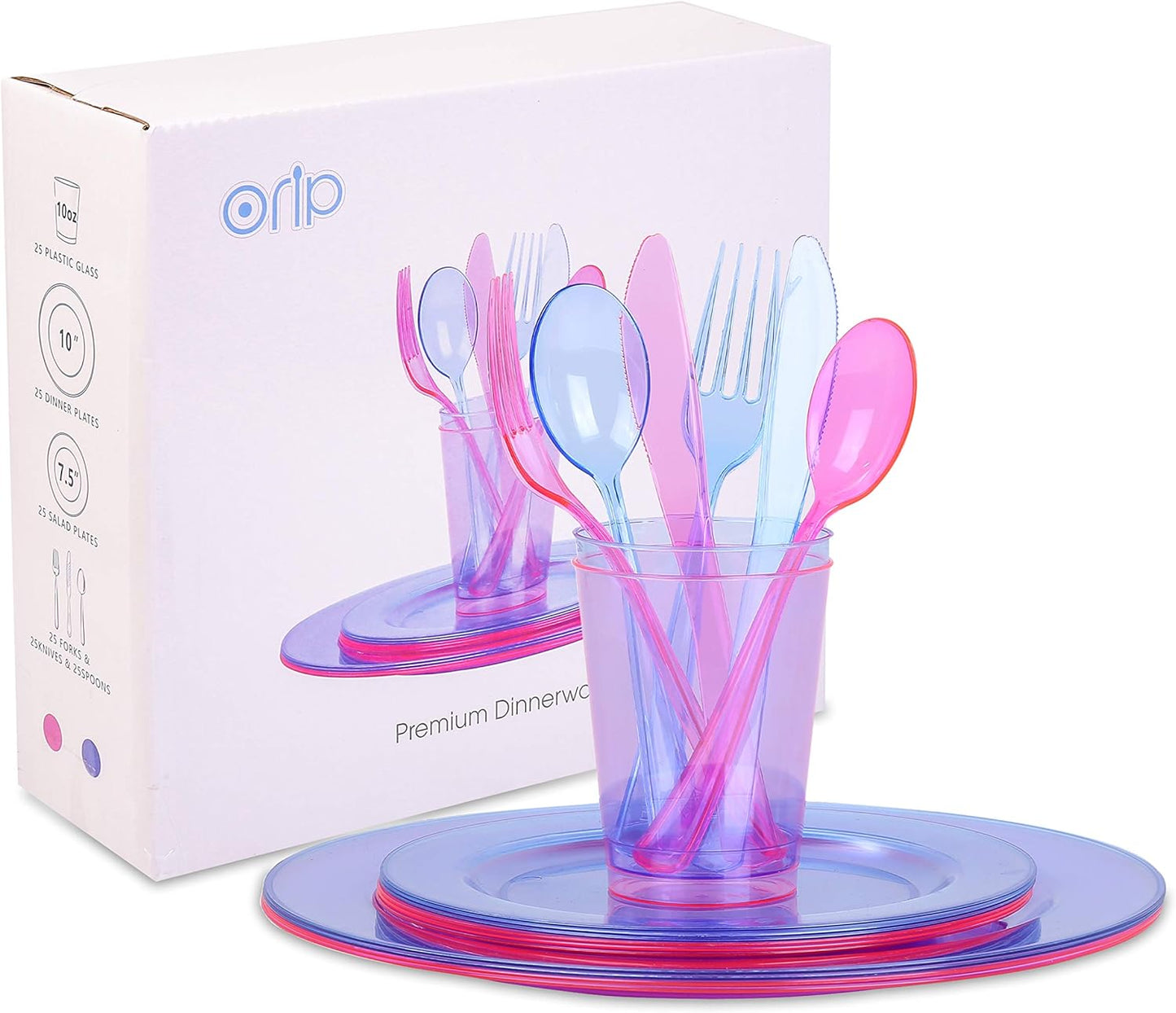 Blue Plastic Party Supplies - 150 PCS Reusable Disposable Neon Set: 25 Dinner Plates, 25 Salad/Dessert Plates, 25 Forks, 25 Spoons, 25 Knives, 25 Cups