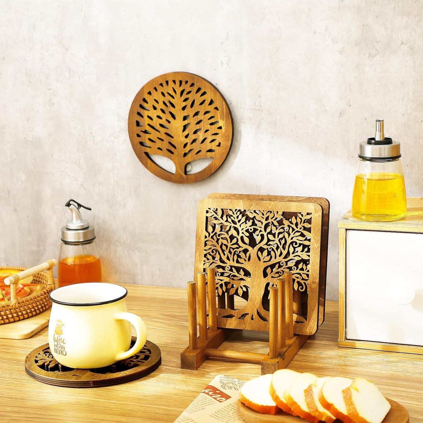 5 Pcs Life Tree Wooden Trivets with Storage Rack Hot Pads Trivets for Hot Dishes Pots and Pans Heat Resistant Mat Set Tea Pot Holders for Kitchen Dining Table(Light Wood)