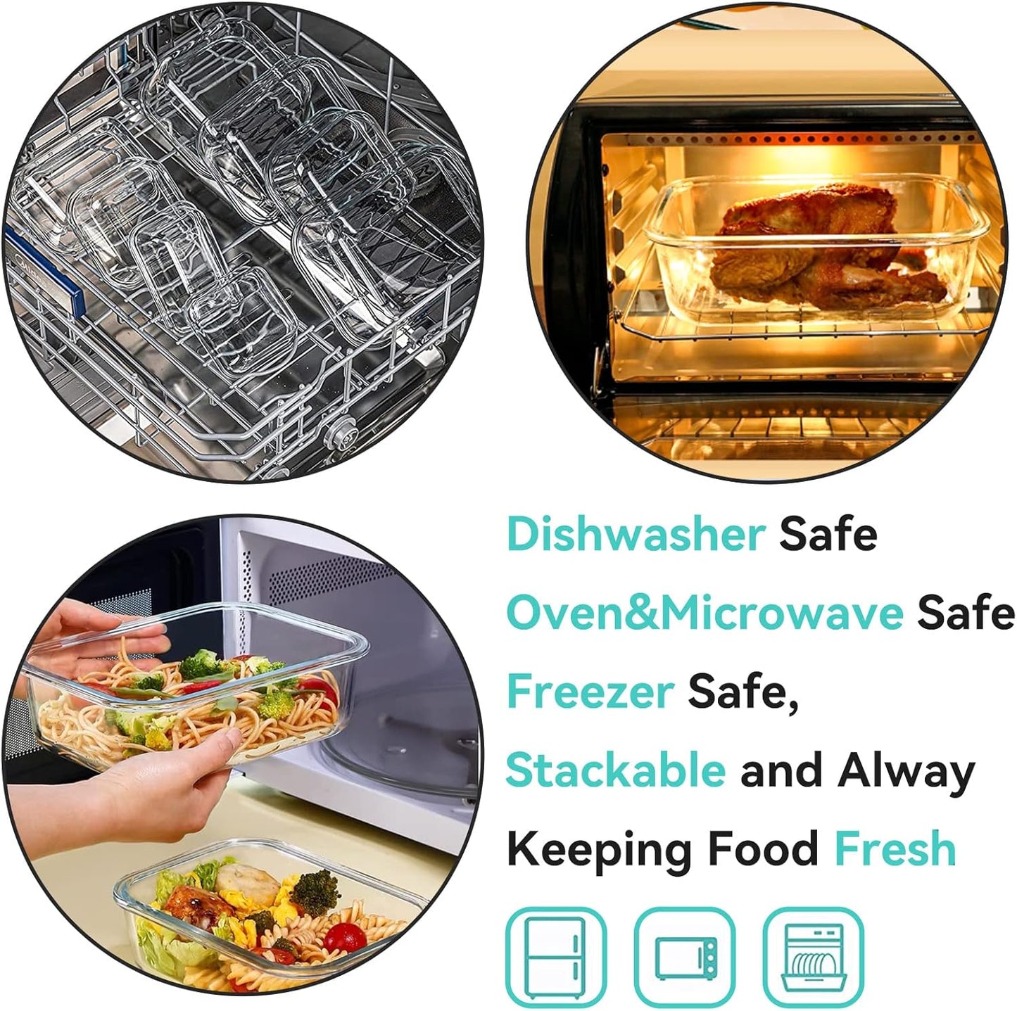 Luvan 60oz Large Glass Food Storage Containers with Lids,Glass Meal Prep Containers/Bento Boxes/Lunch Containers,BPA Free & Leak-Proof for Microwave,Oven,Freezer and Dishwasher Safe(2Pcs)