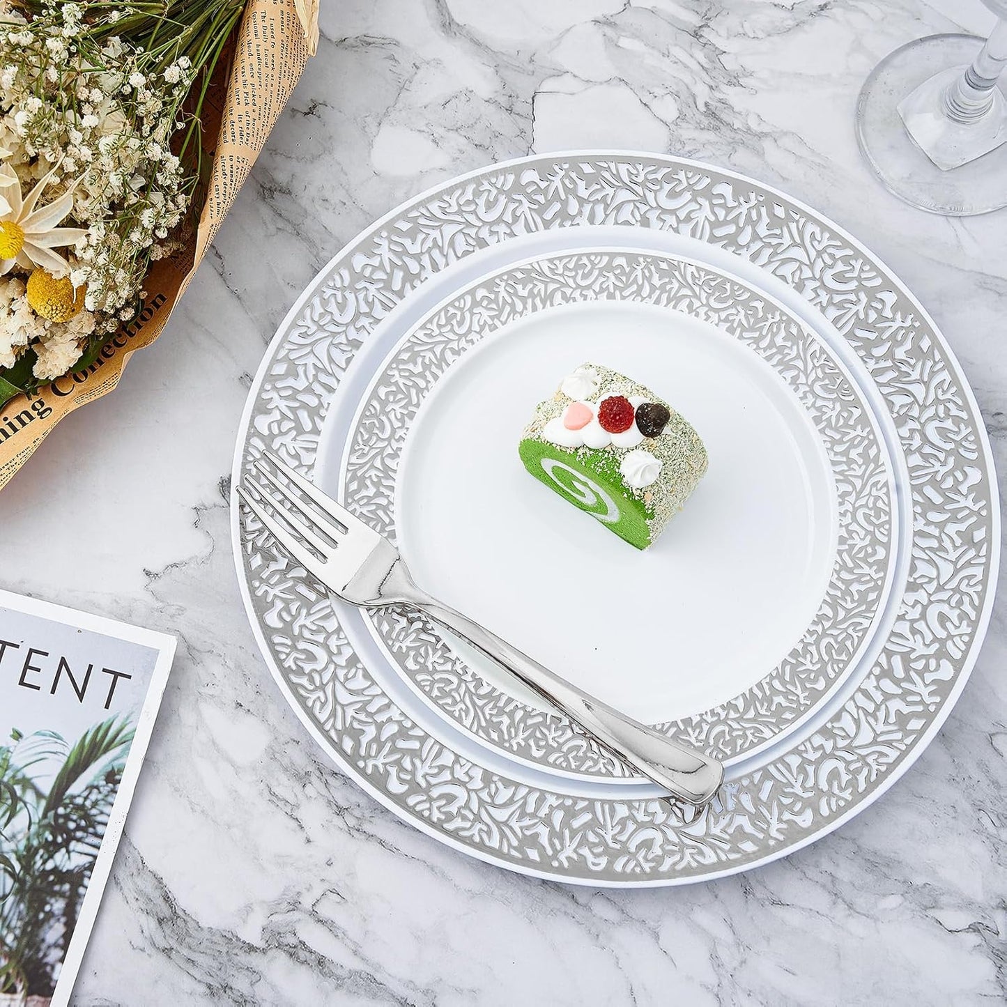 𝟐𝟏𝟎 Count Silver Plastic Dinnerware, Silver Disposable Plates, Includes 30 Dinner & 30 Dessert Plates & 30 Cups & 30 Paper Napkins & 30 Plastic Silverware Set