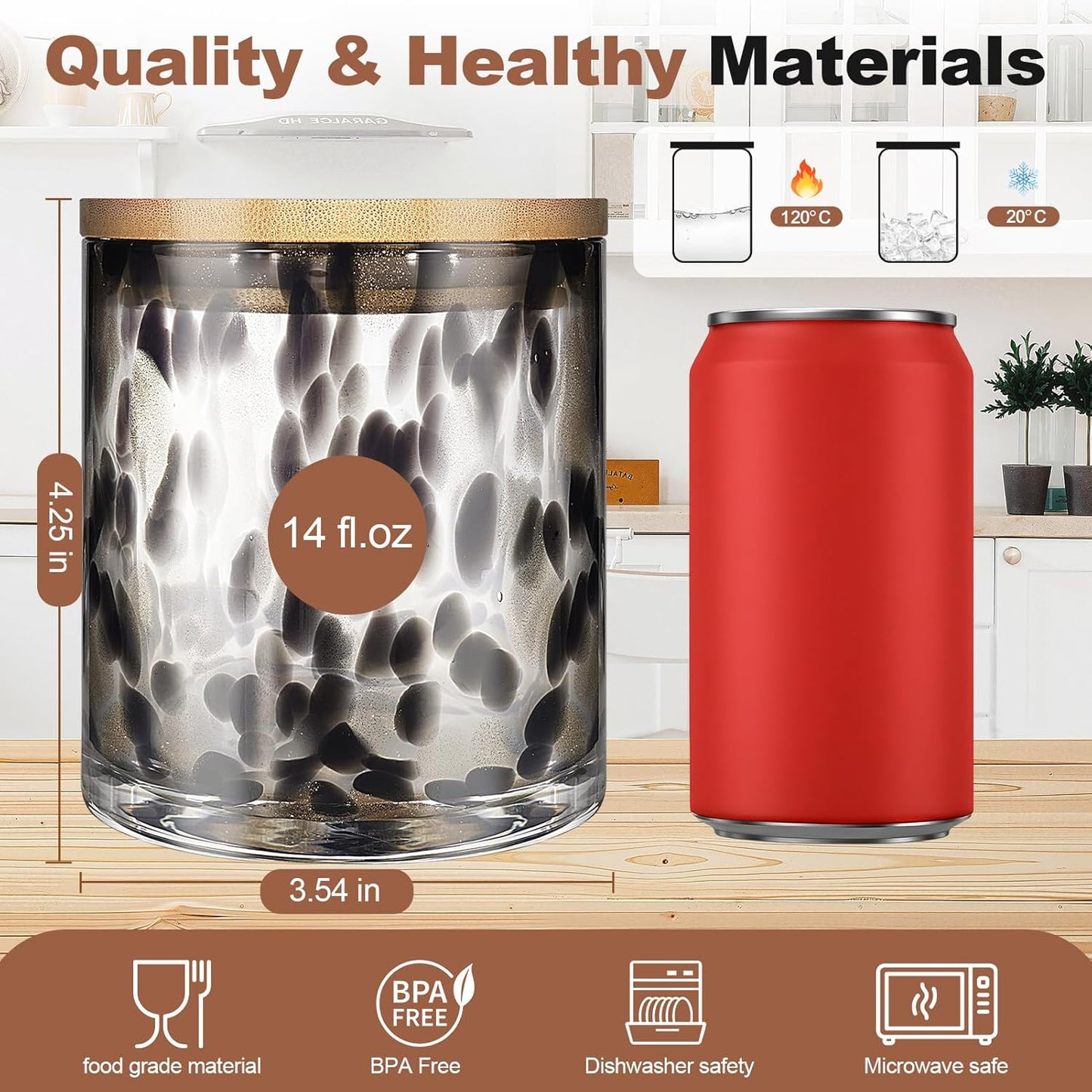 Set of 2 Hand Blown Glass Food Storage Containers with Lids 14oz Jar with Lid Coffee Container,Spice,Sugar,Tea,Flour,Nuts,Decorative Jars for Countertop(black ＆ white)