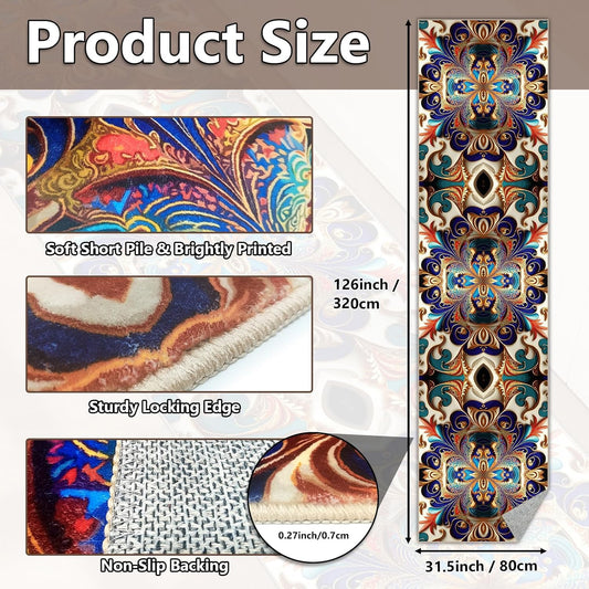 Washable Corridor Runner Rug, Non-Slip Vintage Hallway Rug Runner with Upgrade Rubber Backing, Stain Resistant Faux Wool Distressed Carpet for Bedroom Kitchen Laundry Corridor Balcony (126" x 31.5")