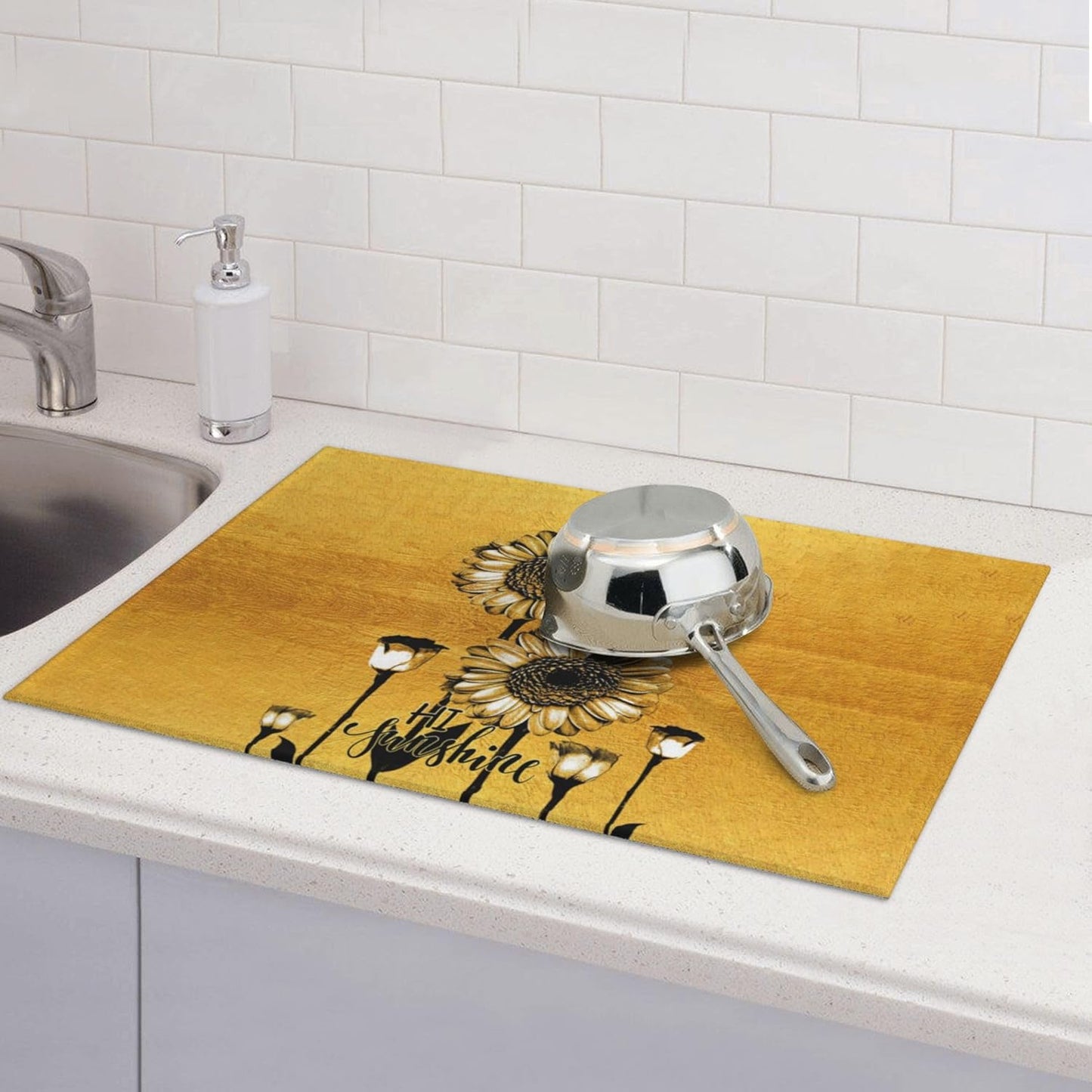 Sunflower Microfiber Dish Drying Mat for Kitchen Counter 18"x24" Black Gold Dishes Pad Dish Drainer Rack Mats Absorbent Washable Reusable