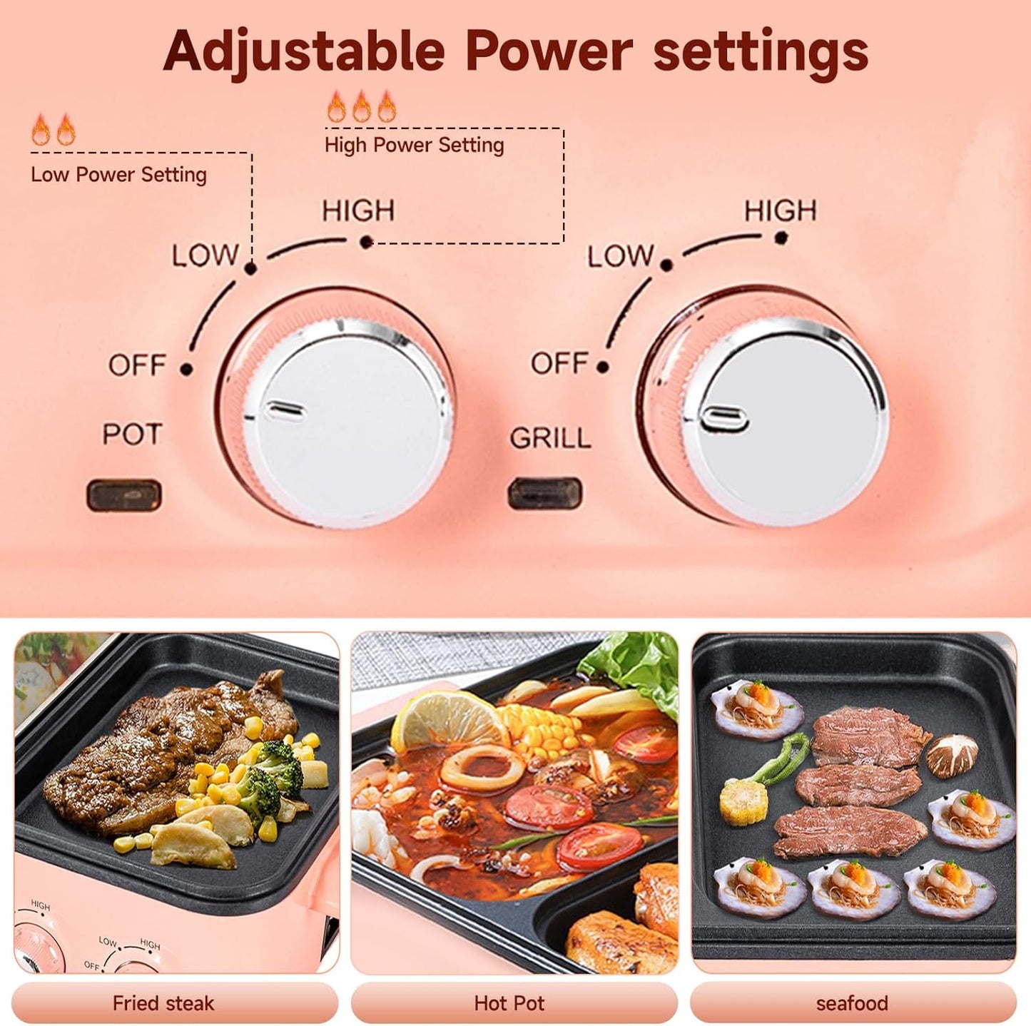 Hot Pot with Grill, Electric Hot Pot and Frying Pan, Shabu Shabu Pot with Grill, 2 in 1 Indoor NonStick Shabu Shabu Pot and Griddle, Dual Temperature Control, Fast Heating (Pink)