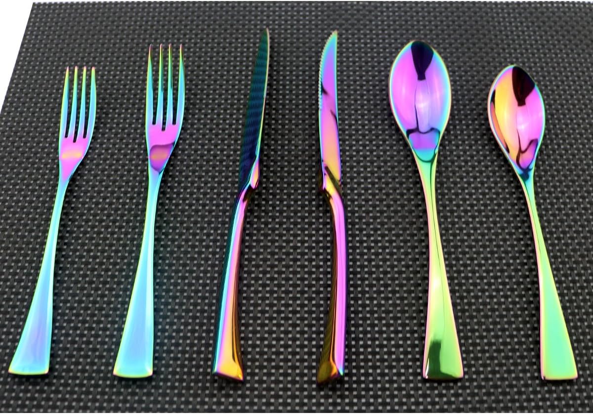 Flatware Set 18/10 Stainless Steel Mirror Polished Rainbow Colorful Cutlery - Silverware Utensil Set of Serrated Steak Knife Dinner Fork Knife Salad Fork Dessert Spoon,6 Piece Service for 1