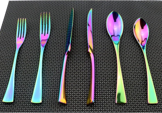 Flatware Set 18/10 Stainless Steel Mirror Polished Rainbow Colorful Cutlery - Silverware Utensil Set of Serrated Steak Knife Dinner Fork Knife Salad Fork Dessert Spoon,6 Piece Service for 1