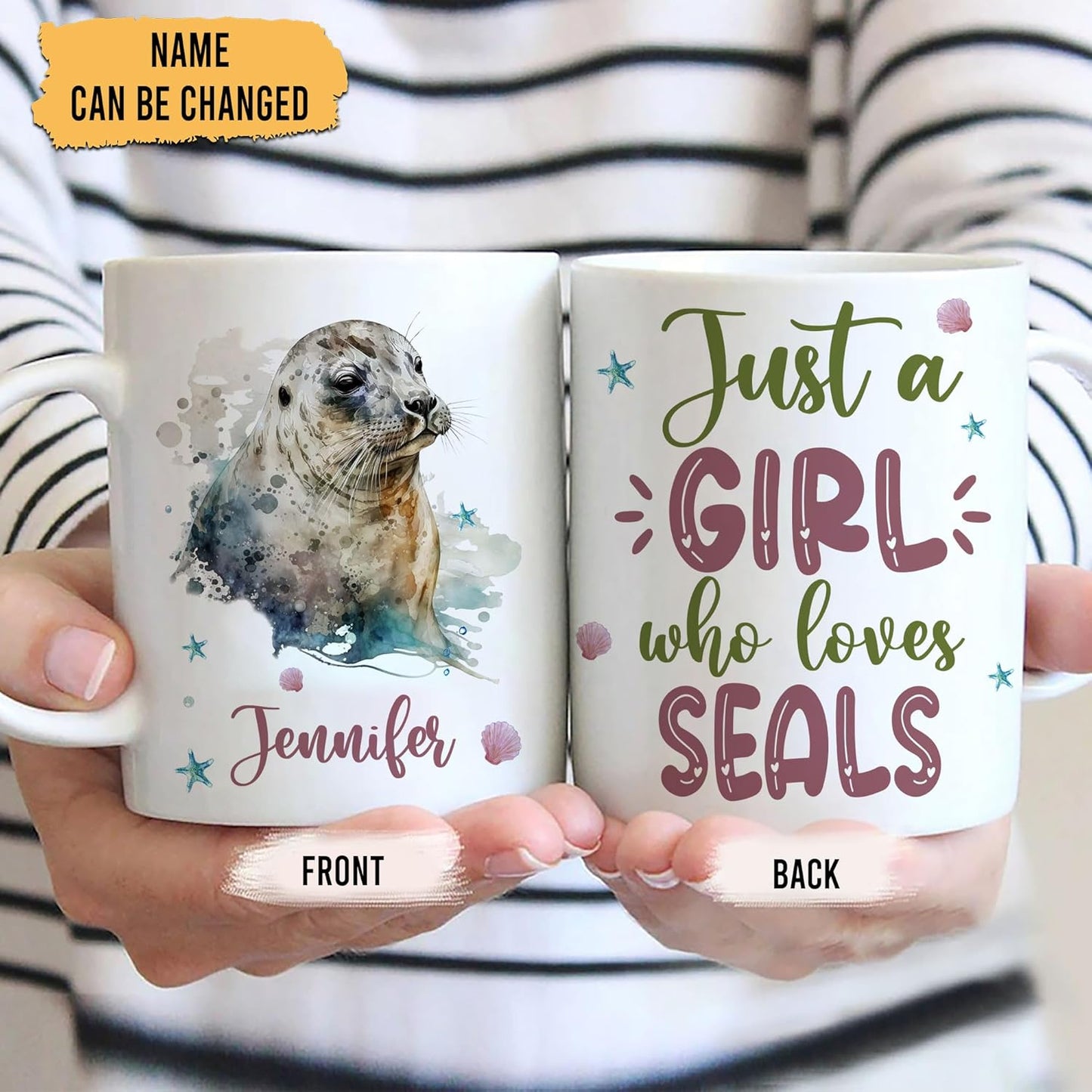 Hyturtle Personalized Gifts Seal Lover - Just A Girl Who Loves Seals Custom Name Ceramic Coffee Mug Cup 11oz - Idea Cute Sea Animal Lover Gifts For Women, Girl Daughter On Birthday, Christmas