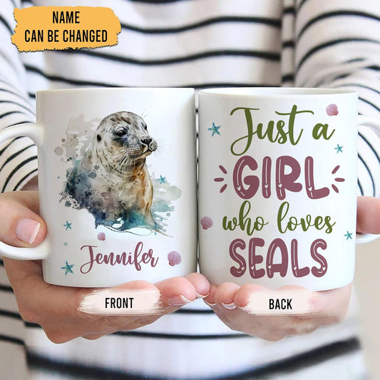 Hyturtle Personalized Gifts Seal Lover - Just A Girl Who Loves Seals Custom Name Ceramic Coffee Mug Cup 11oz - Idea Cute Sea Animal Lover Gifts For Women, Girl Daughter On Birthday, Christmas