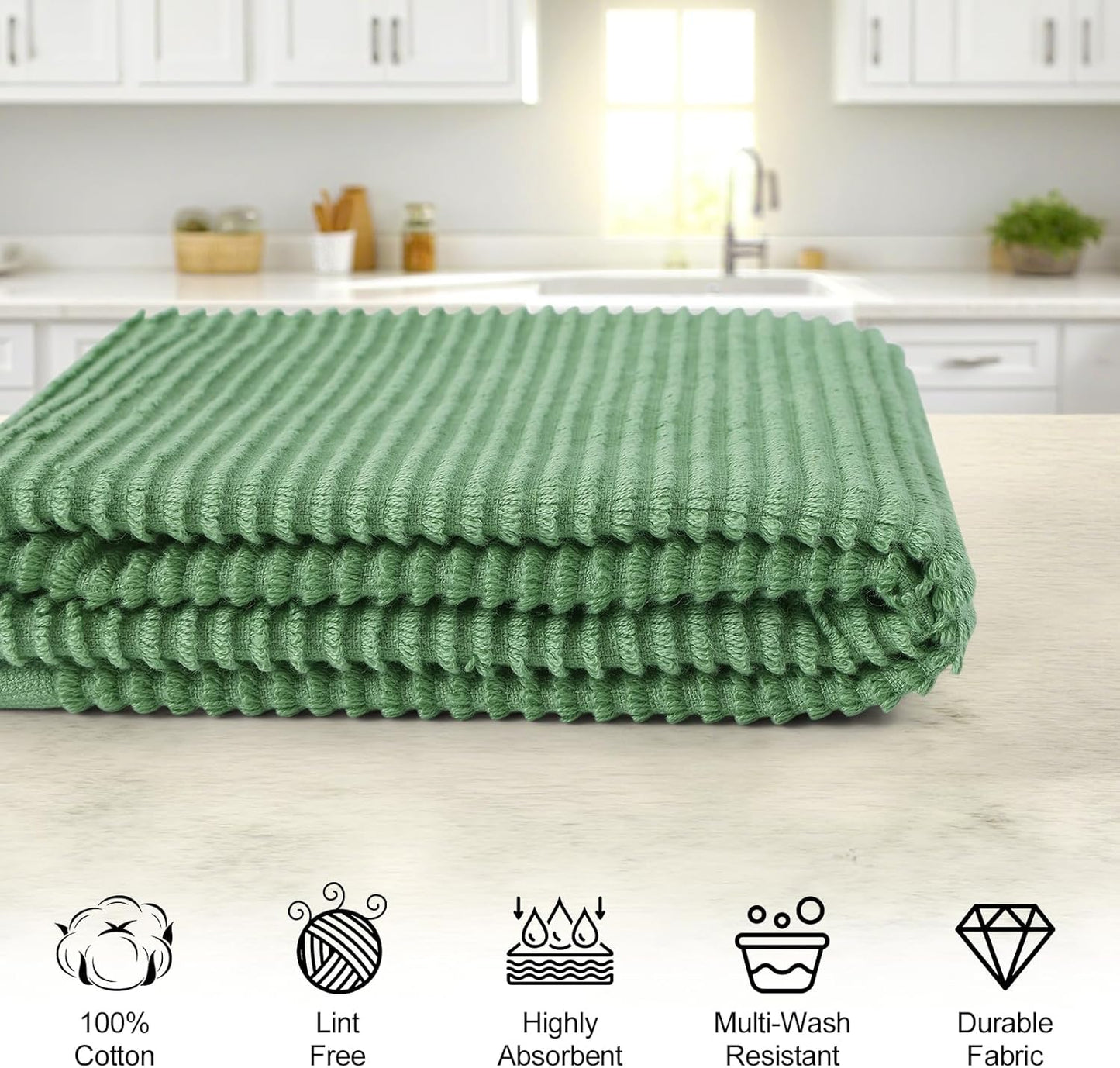 Homaxy Premium Kitchen Towels (18"x 28", 6 Pack), Large 100% Cotton Kitchen Hand Towels, Ultra Absorbent Ribbed Terry Tea Towels Set with Hanging Loop, Grass Green