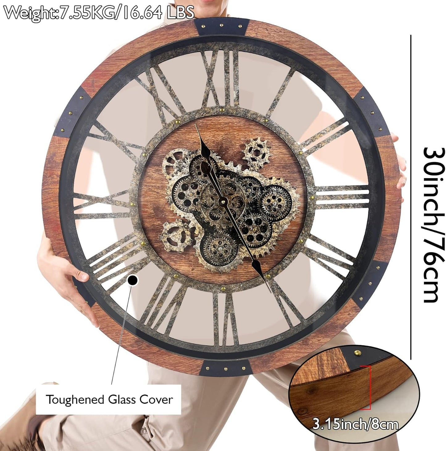 DORBOKER 30" Large Wall Clock Moving Gears,Oversized Industrial Rustic Farmhouse Clocks for Living Room Decor Office Home, Solid Wood Retro Metal HD Tempered Glass Cover, Brown and Vintage Bronze