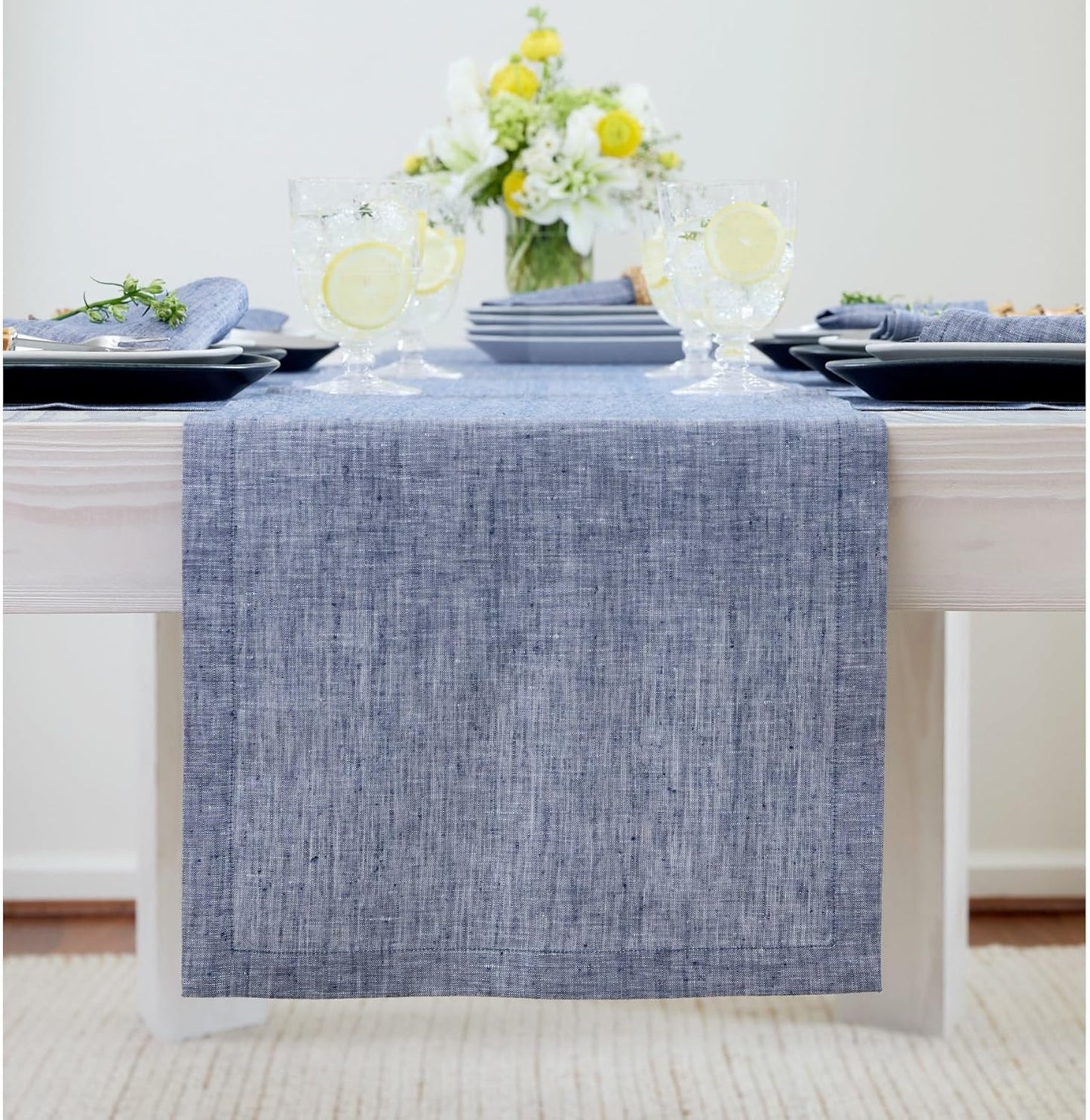 Solino Home Linen Short Table Runner 60 Inches - Athena, 100% Pure Linen Chambray Indigo Table Runner 14 x 60 Inch Ideal for Dresser and Coffee Tables - Christmas, Holiday