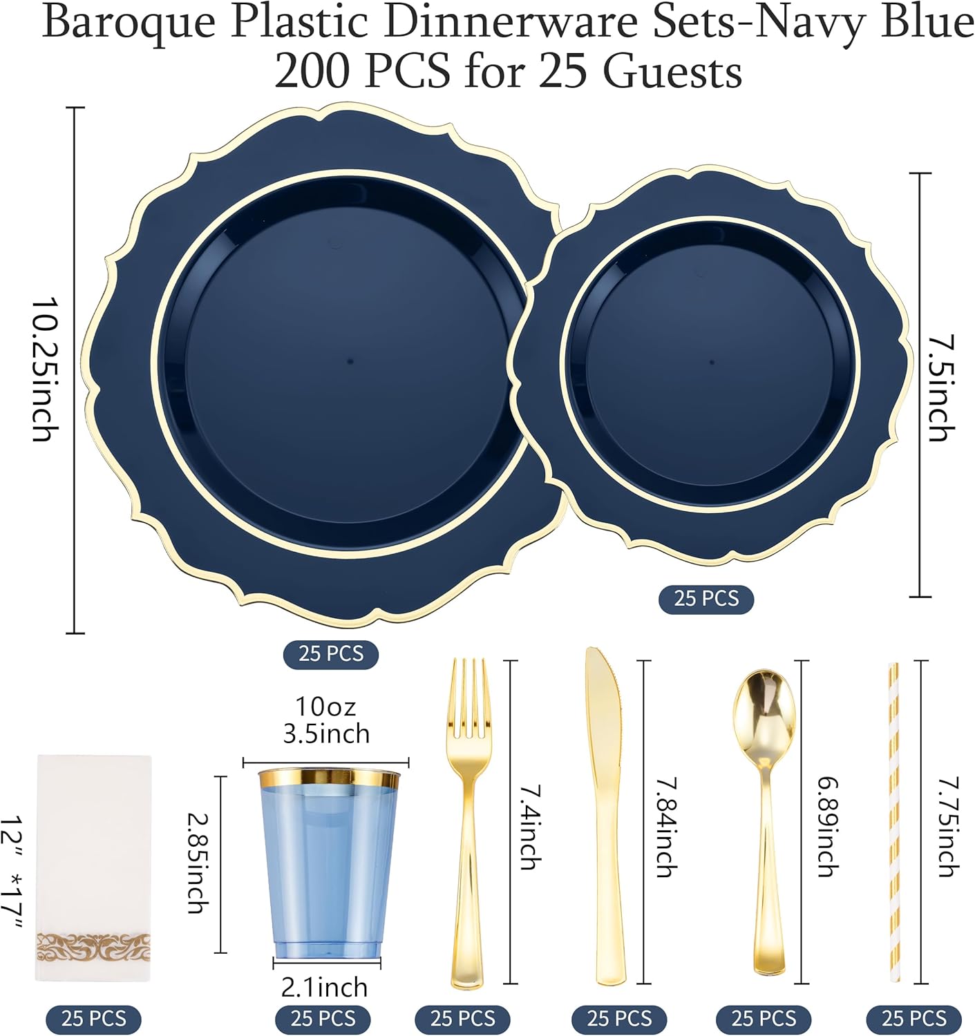 200 PCS Premium Blue Plastic Plates for 25 Guests, Heavy Duty Blue and Gold Disposable Plate, include 25 Plastic Dinner/Dessert Plates, 25 Silverware Set, 25 Cups, Straws for Party Graduation