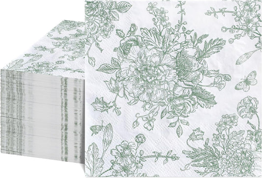 100 Pcs Sage Green Floral Napkins, Green and White Toile Napkins Vintage Flower Butterfly Design Chinoiserie Decorative Cute Napkin for Bridal Baby Shower, Wedding, Tea Party, 5 x 5 Inch