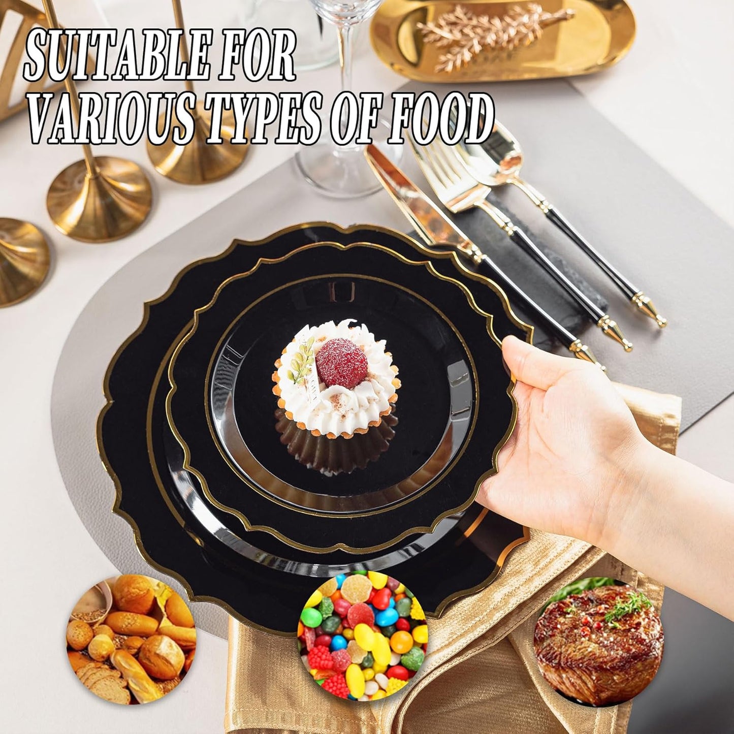 120PCS Black Plastic Plates, Disposable Elegant Party Plate with Gold Rim, Heavy Duty 60 Dinner and 60 Dessert Fancy Plates for Party and Wedding