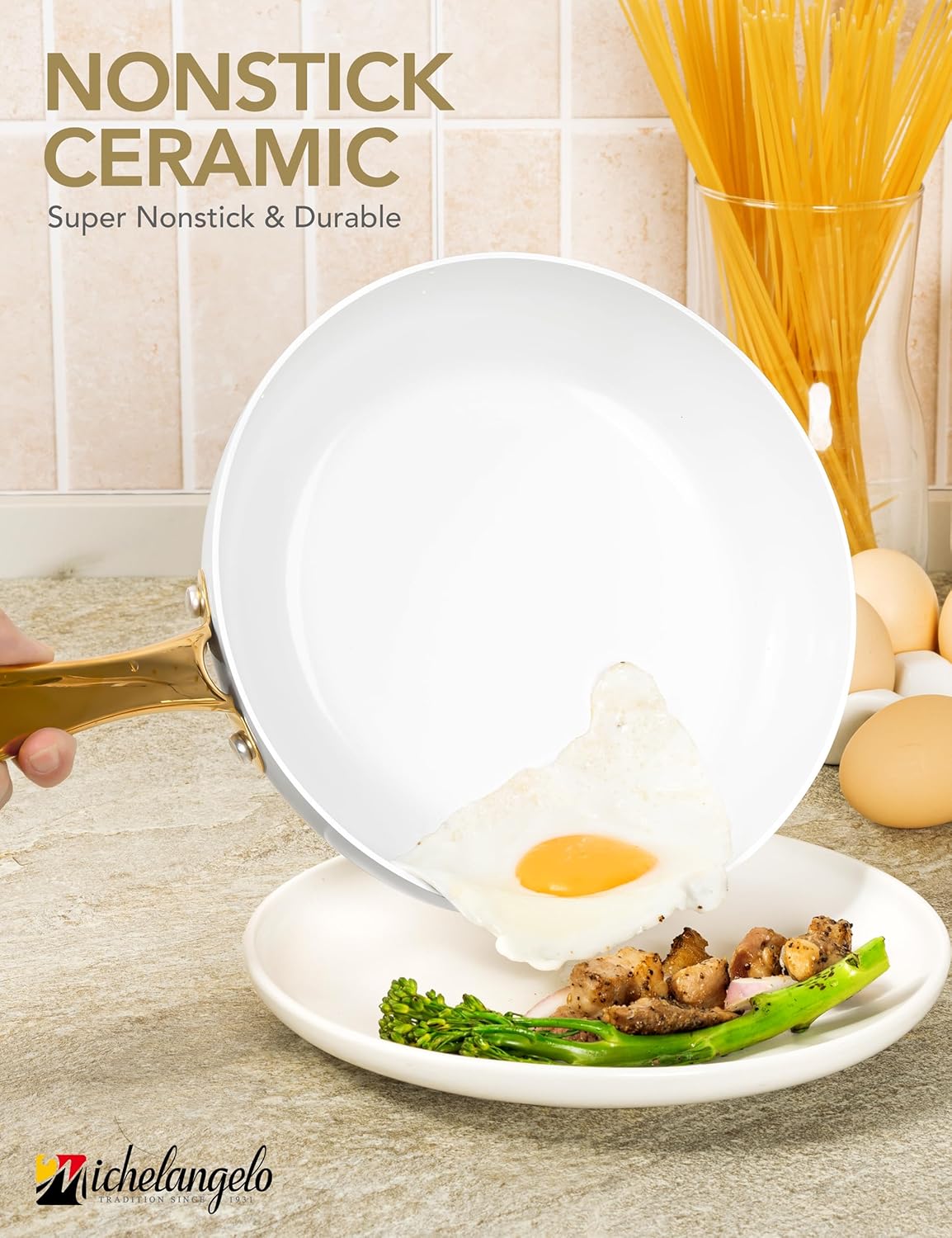 MICHELANGELO Large Frying Pan with Lid, 14 Inch Ceramic Skillet with Non-Toxic Coating, Non Stick Fry Pan with Ergonomic Handle, Induction Compatible