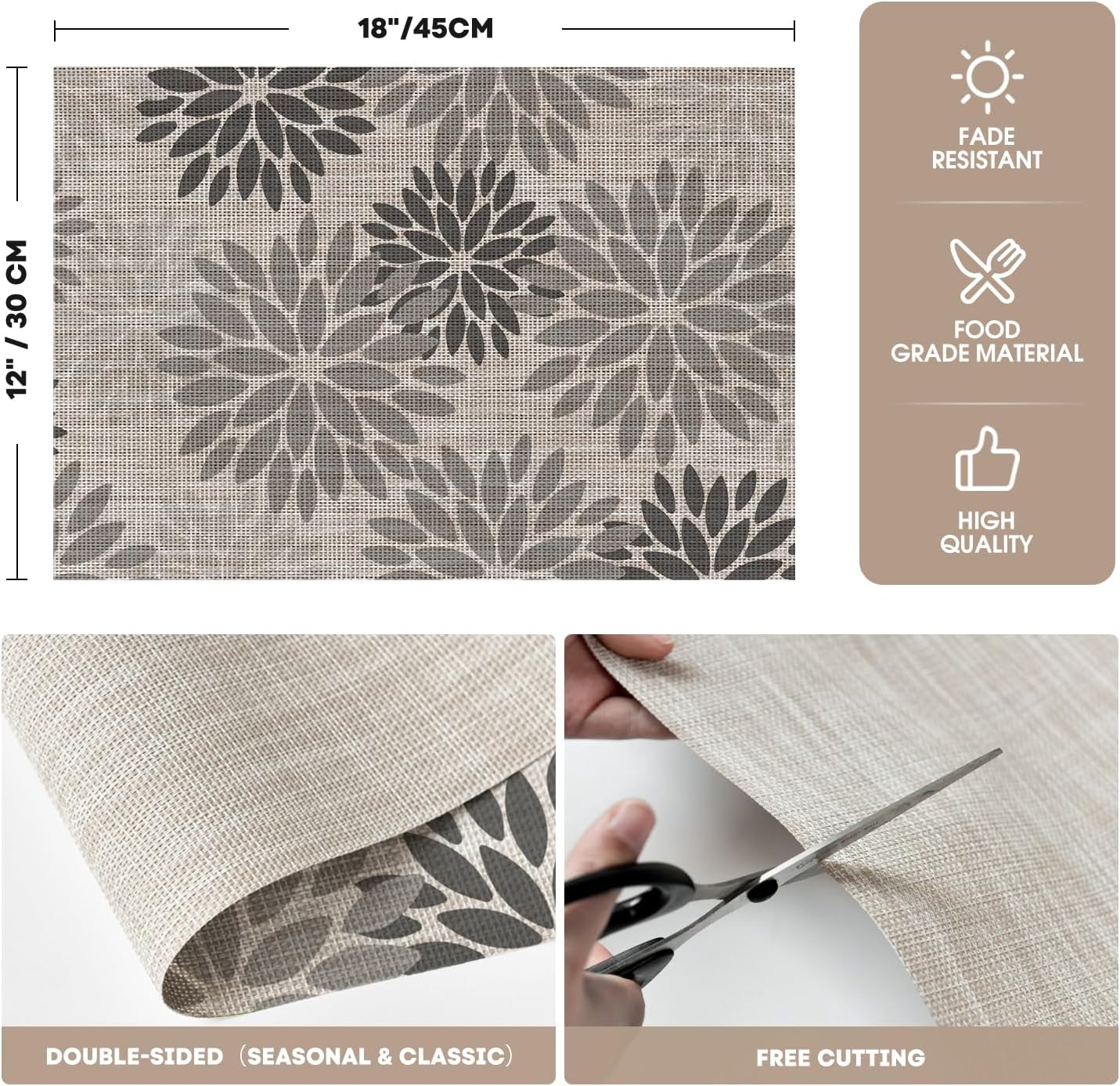 Artoid Mode Floral Vinyl Plastic Placemats Set of 4, 12x18 Inch Washable Non-Slip PVC Place Mats for Party Kitchen Dining Decor, Grey