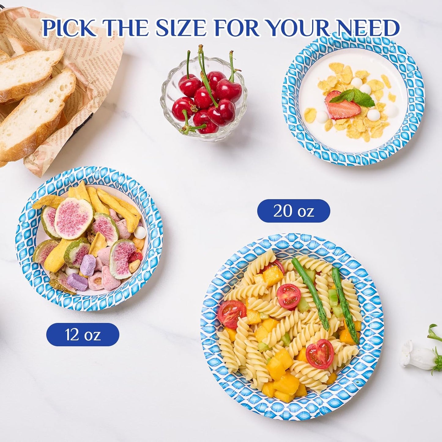 MUCHII 12 Oz Paper Bowls 200 Counts Disposable Bowls, Printed Soak Proof Small Bowls for Breakfast, Lunch, and Dinner Meals