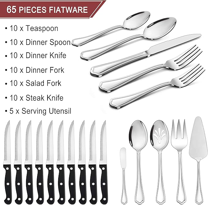 LIANYU 65-Piece Silverware Flatware Set for 10, Plus Steak Knives and Serving Utensils, Stainless Steel Flatware Cutlery Set, Eating Utensils Tableware with Scalloped Edge, Dishwasher Safe