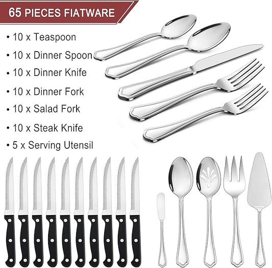 LIANYU 65-Piece Silverware Flatware Set for 10, Plus Steak Knives and Serving Utensils, Stainless Steel Flatware Cutlery Set, Eating Utensils Tableware with Scalloped Edge, Dishwasher Safe