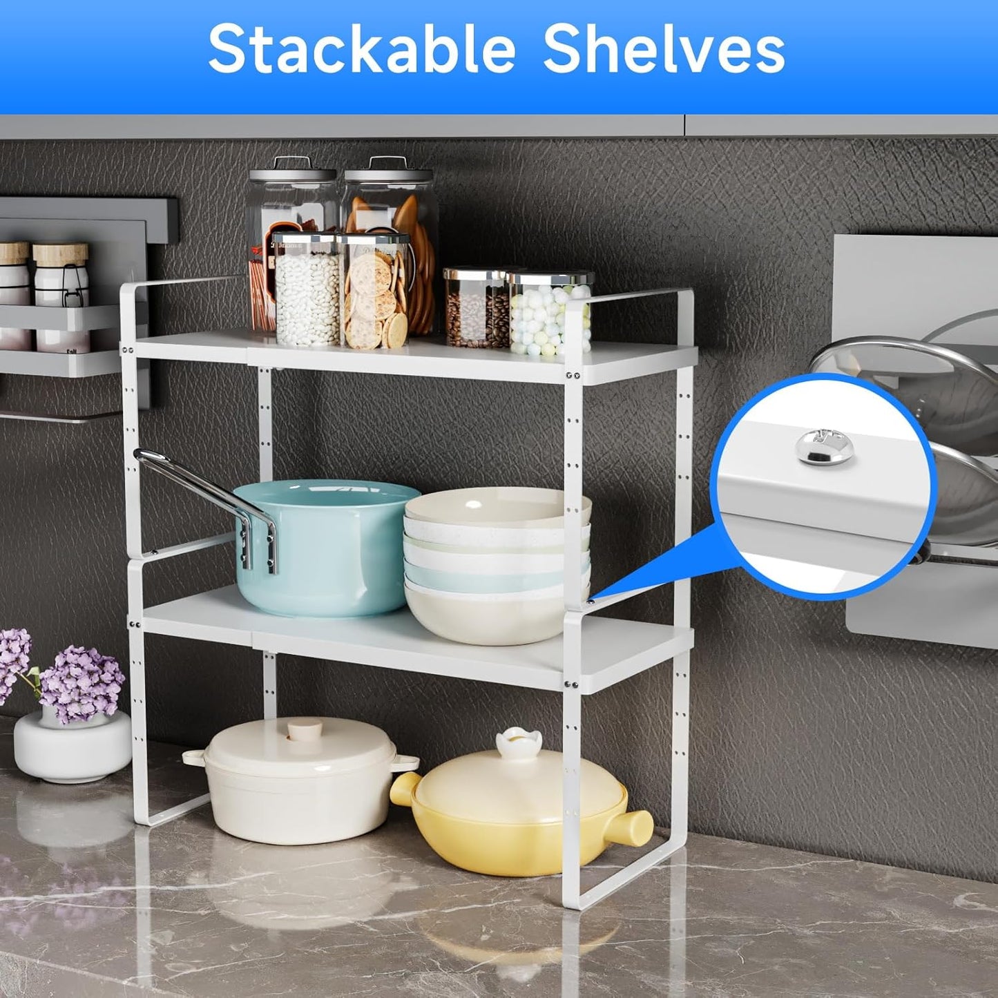 Expandable Cabinet Shelf Organizer, Stackable Kitchen Pantry Counter Storage, Adjustable Closet Cupboard Stand Rack Risers Spice Organization, 80LBS Heavy Duty, White 3 Pack