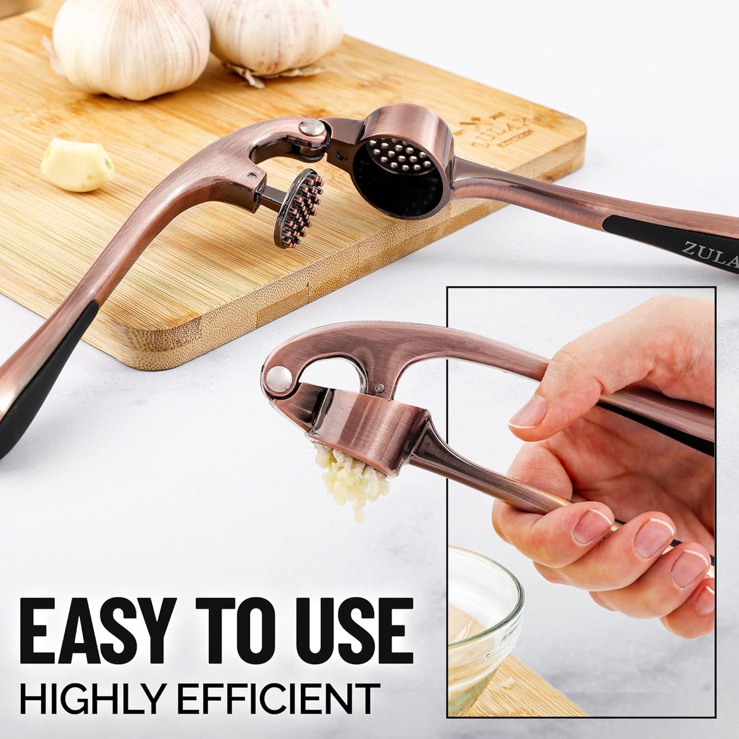 Zulay Kitchen Premium Garlic Press - Durable Garlic Masher with Soft, Easy to Squeeze Handle - Garlic Mincer Tool - Sturdy Easy to Clean Garlic Crusher (Copper)