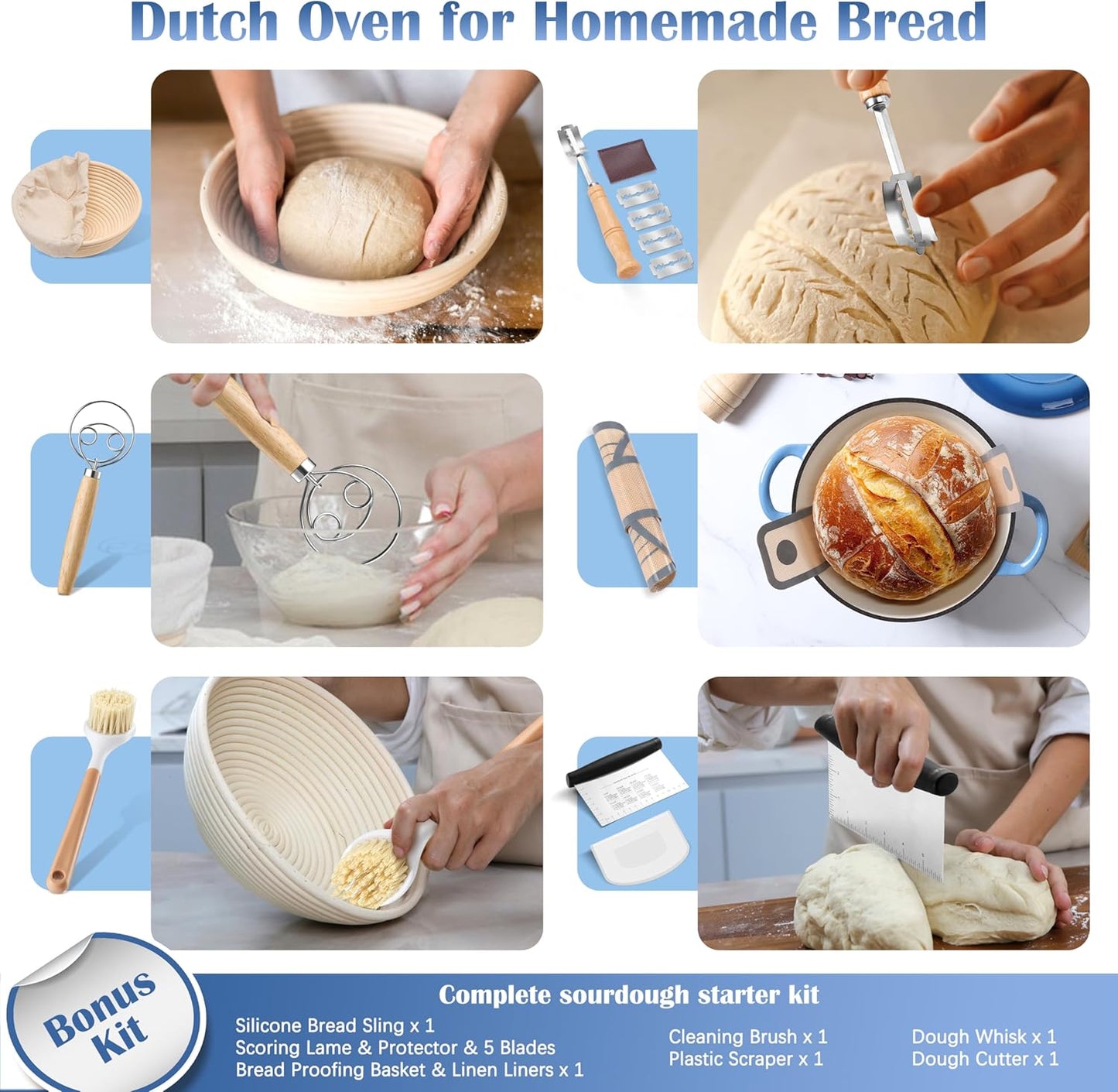 E-far Enameled Dutch Oven Pot for Bread Baking, 6QT Enameled Cast Iron Cookware with Self-Basting Lid & Sourdough Bread Baking Supplies, Heavy Duty Casserole Pot & Dual Handles-Blue