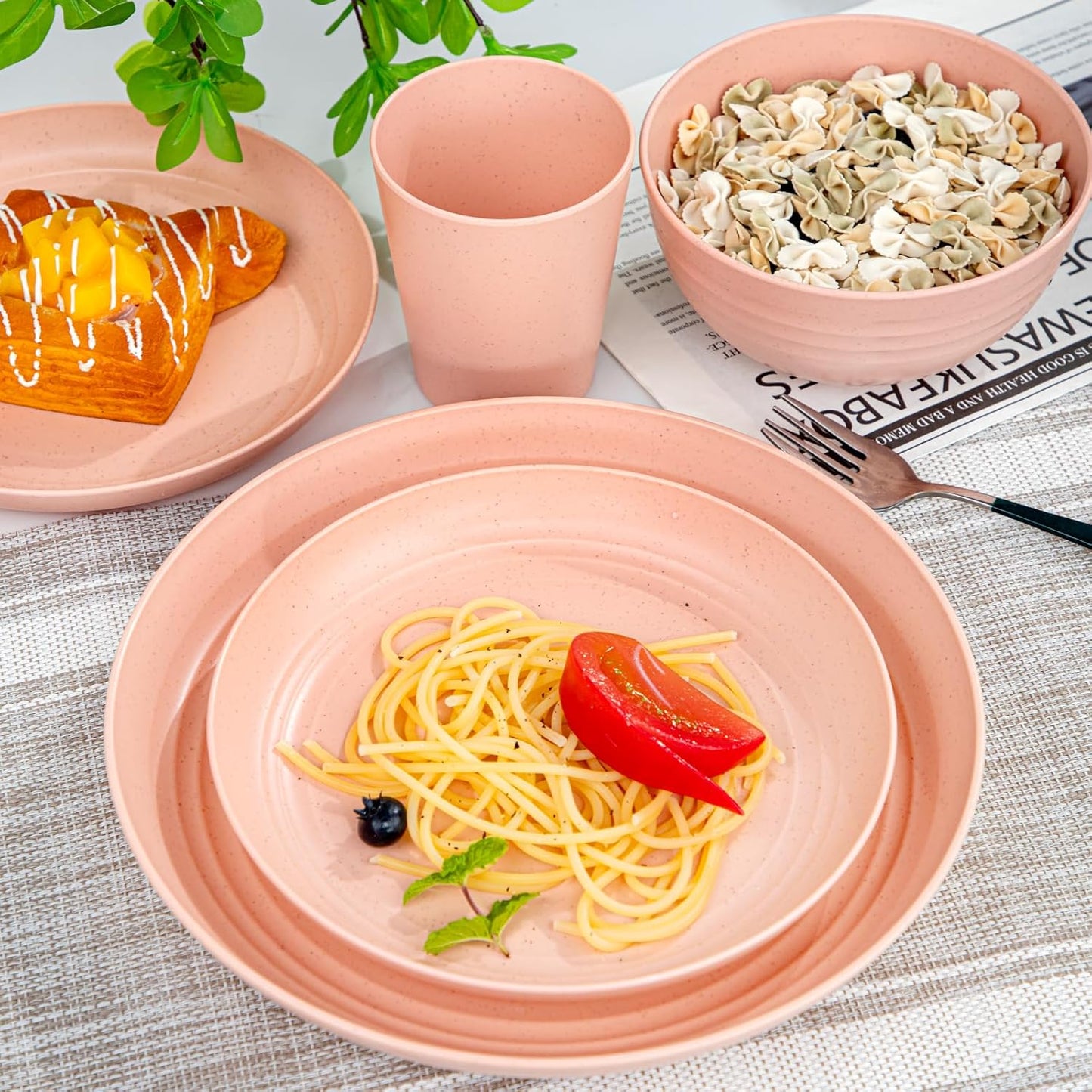 LIYH 48 Pcs Pink Wheat Straw Dinnerware Set, Plastic Plates and Bowls Dinnerware Set, Camping Dish Set for 12, Dishwasher Safe,Unbreakable Plates Reusable,Dish Sets Tableware