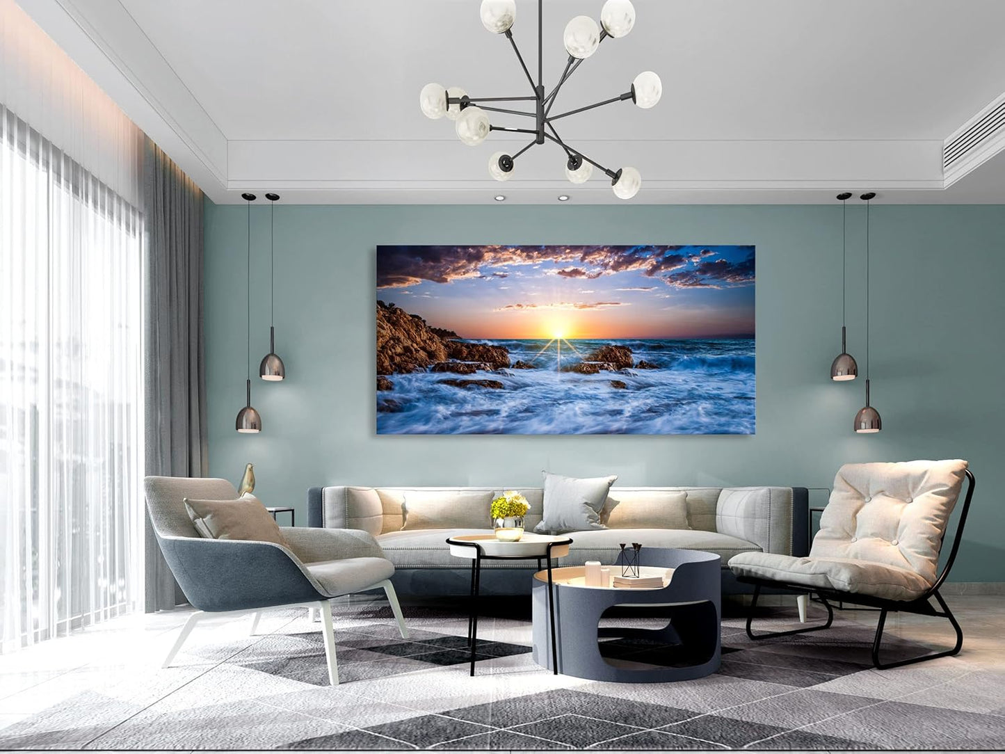 Muolunna S05875 Wall Art Decor Canvas Print Picture Sunset Blue Ocean 1 Panel Sea Waves Scenery Painting Artwork for Office Wall Decor Home Decoration Stretched and Framed Ready to Hang 30x60inch