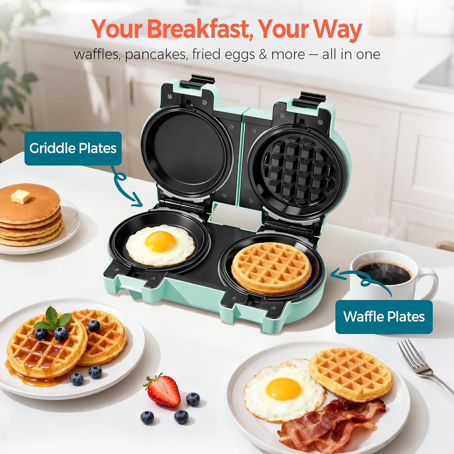 2-in-1 Double Waffle & Pancake Maker - CACHOO Mini 4" Nonstick Waffle Iron & Small Round Griddle with 4 Removable Plate Sets, Dishwasher Safe, Perfect for Small Spaces, Apartments & Dorms, Aqua