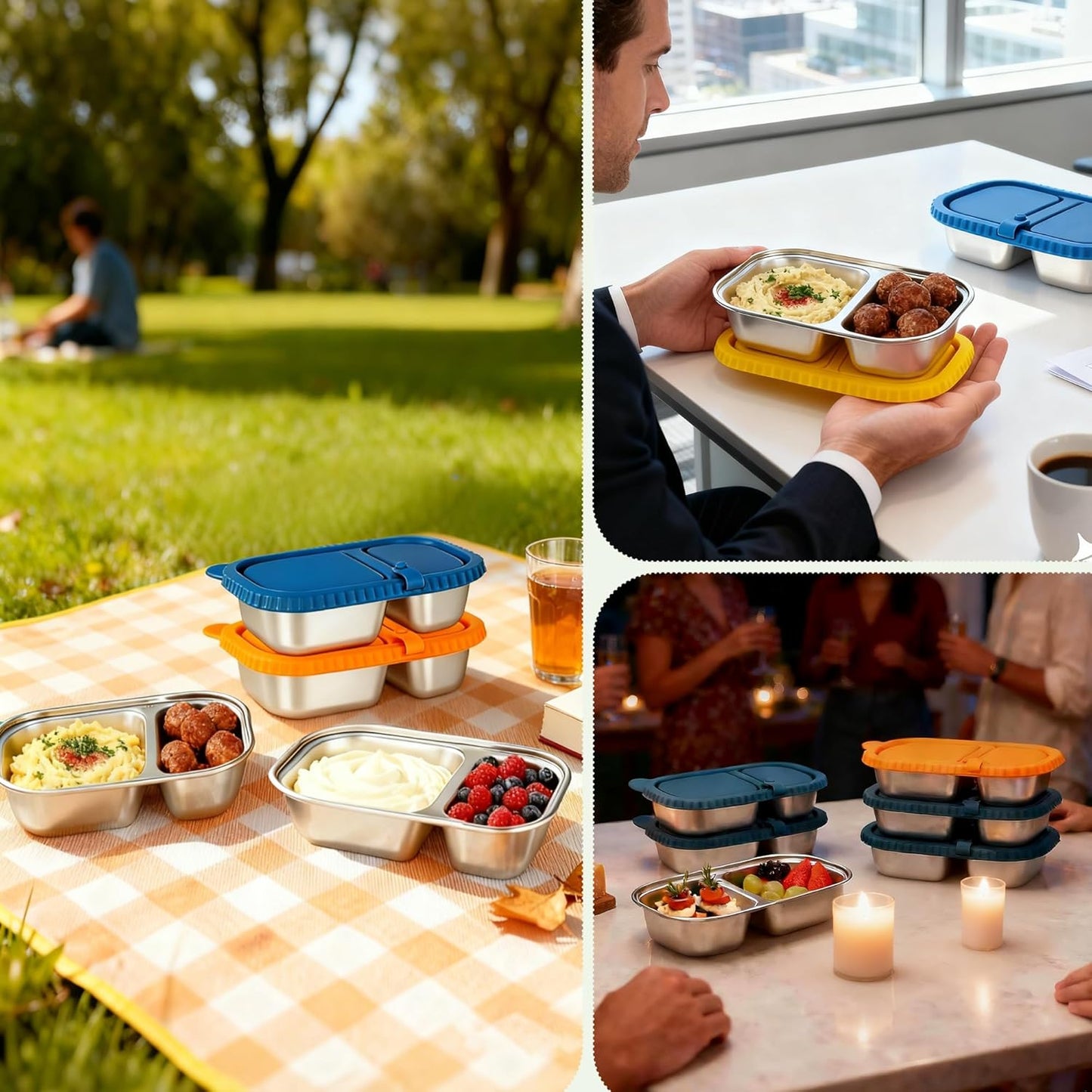 HI-REEKE 13 OZ Stainless Steel Snack Containers with Lids, 4 PCS Reusable Double Compartments Metal Snack Packs for Sauce