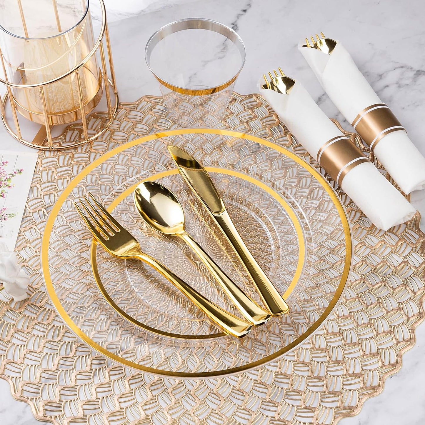 Goodluck 350 Piece Gold Plastic Dinnerware Set for Party, Clear Disposable Plates for 50 Guests, Include: 50 Dinner Plastic Plates, 50 Dessert Plates, 50 Pre Rolled Napkins with Cutlery Set, 50 Cups
