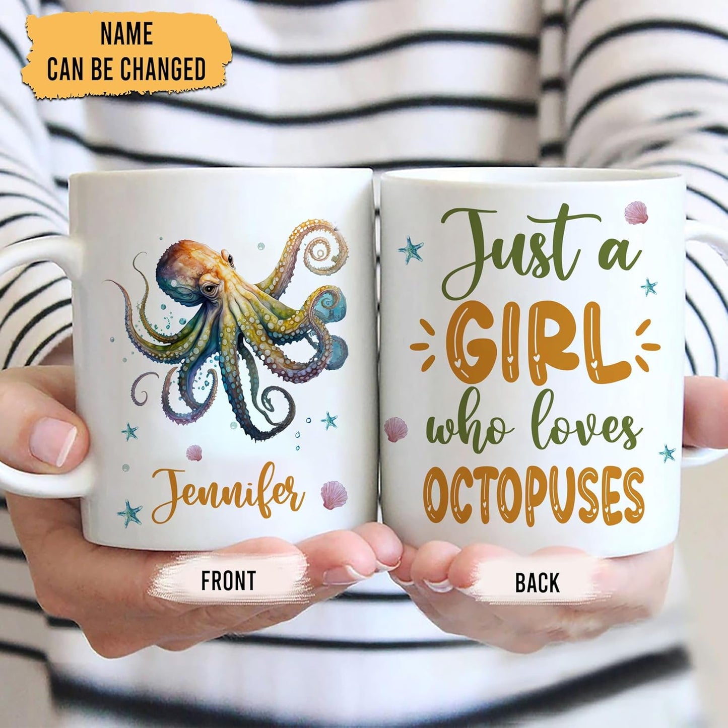 Hyturtle Personalized Gifts Octopus Lover - Just A Girl Who Loves Octopuses Custom Name Ceramic Coffee Mug Cup 11oz - Idea Cute Sea Animal Lover Gifts For Women, Girl Daughter On Birthday, Christmas