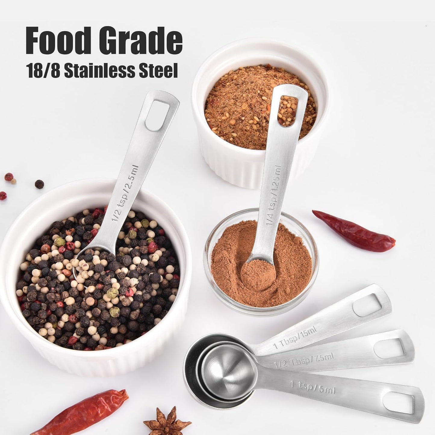 Doosu Measuring Spoons Set of 6-18/8 Stainless Steel Heavy Duty Teaspoons Tablespoons with Engraved Metric & US Measurements, Metal Measure Spoon for Dry and Liquid Ingredients, Dishwasher Safe