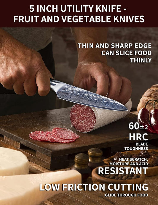 5 Inch Utility Knife - Fruit and Vegetable Knives, 67 Layers Forged Damascus Steel & Resin Handle - Yao Series