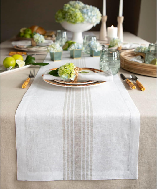 Solino Home Linen Table Runner 120 Inches Long - 100% Pure Linen Natural and White Farmhouse Table Runner 14 x 120 Inch for Dining, Fall, Autumn, Thanksgiving, Christmas
