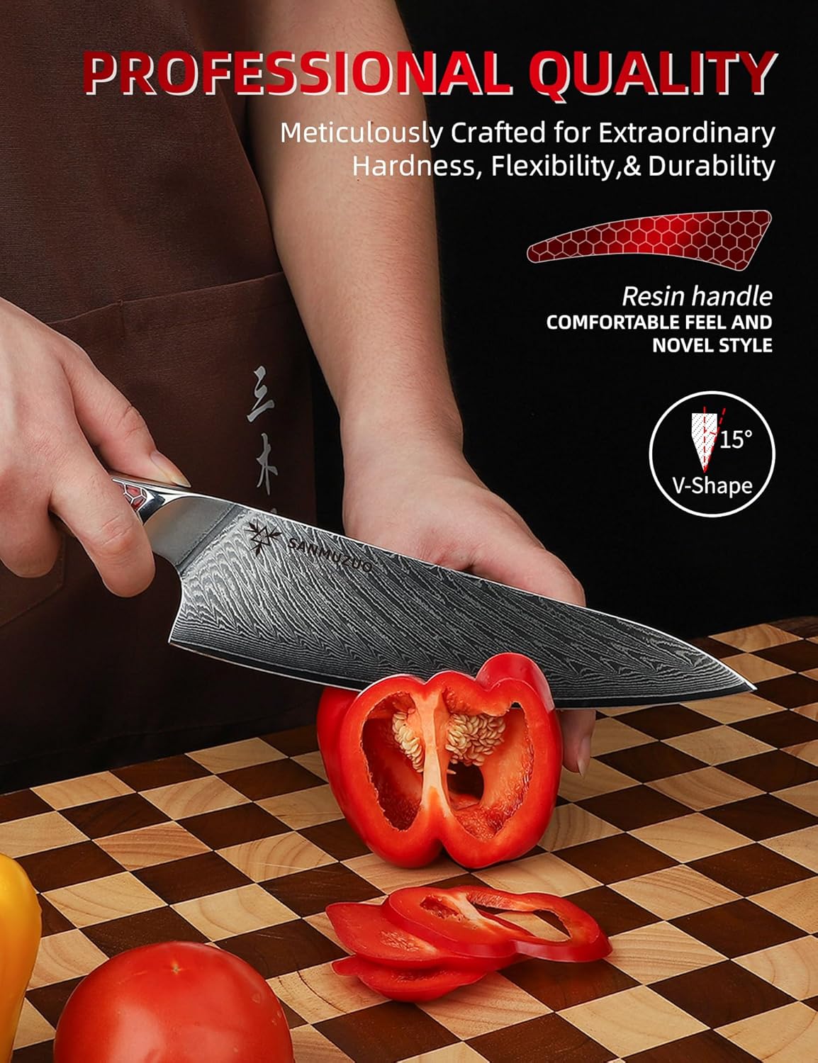 8 inch Chef Knife, Japanese VG-10 Damascus Steel Kitchen Knife, Ultra Sharp Cooking Knife with Full-tang Handle in Red Resin, LA-S9 Series