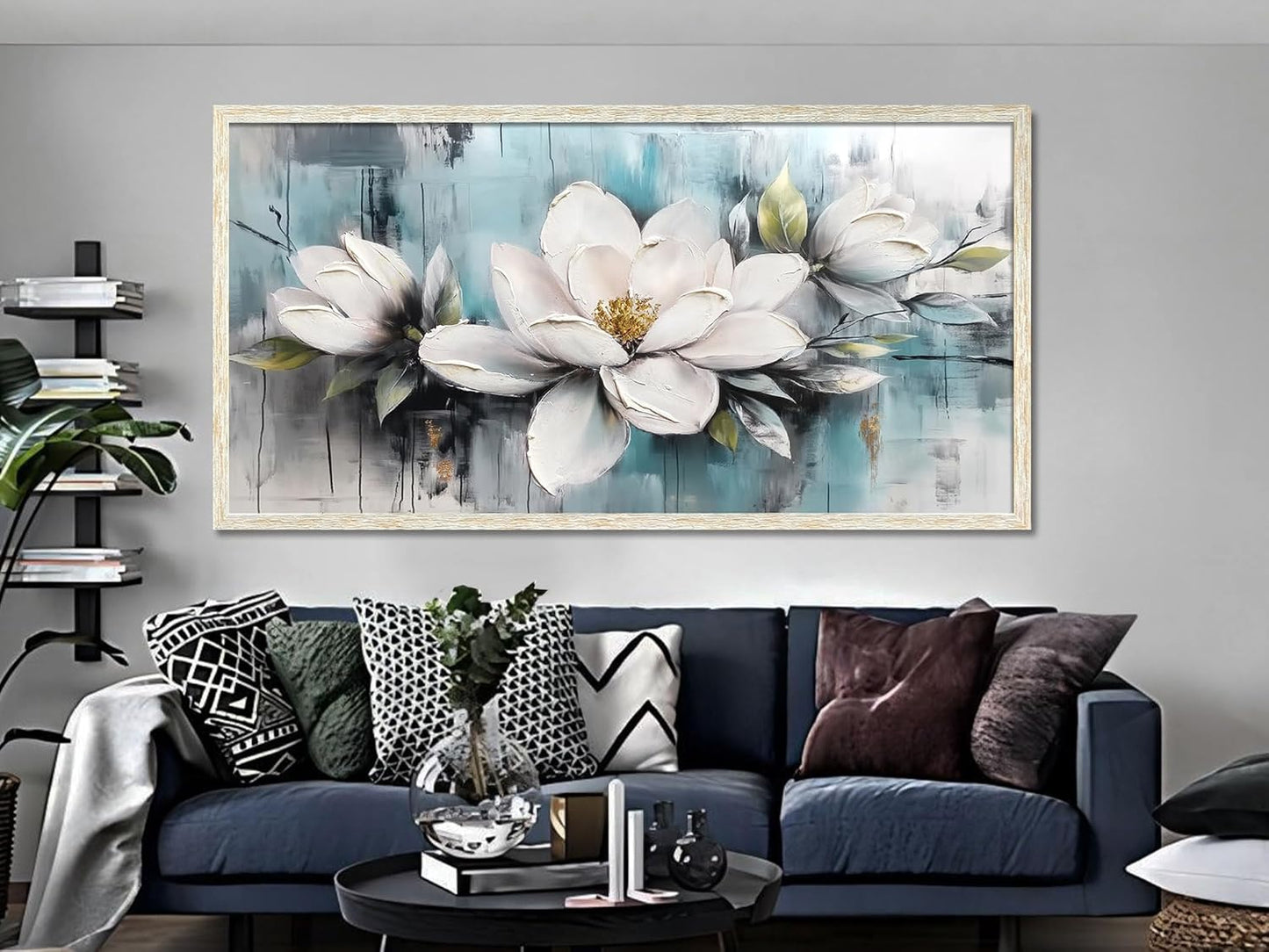 Ardemy Magnolia Wall Art Framed Large Canvas Wall Decor Living Room, White Floral Pictures Wall Decor Teal Paintings FlowerTextured Artwork for Bedroom Dining Room Home Office, 48"x24"