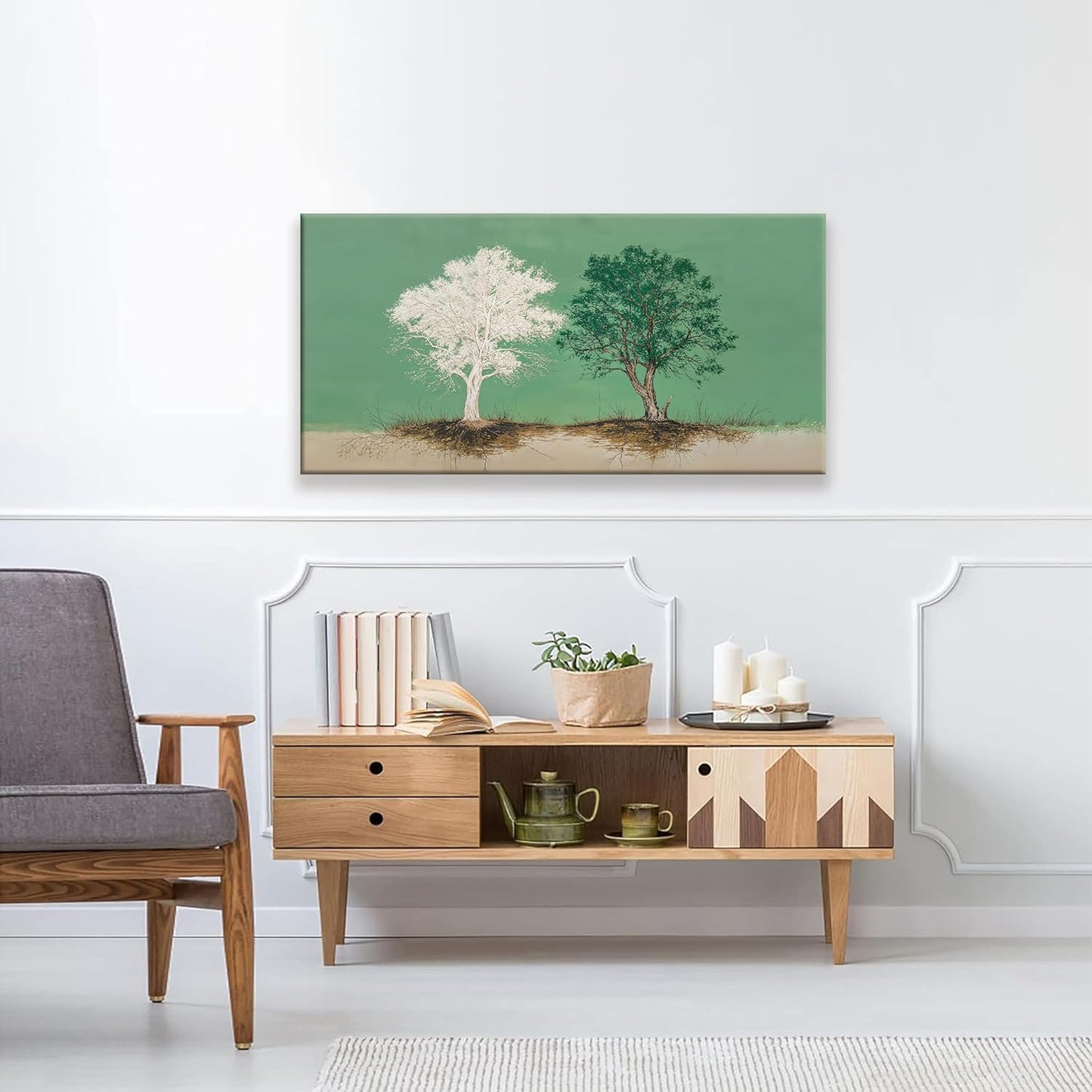 White And Green Canvas Art Wall Decor Tree Of Life Wall Art Decoration Modern Home Wall Decor Abstract Wall Art For Bedroom Living Room Apartment Kitchen Bathroom Office 20x40 Inch