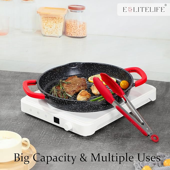ESLITE LIFE Nonstick Grill Pan for Indoor Cooking, Versatile Induction Square Large Grilling Skillet Steak Pan for Stove Tops, PTFE & PFOA Free (Black, 11" w/Round & Lid & Tongs)