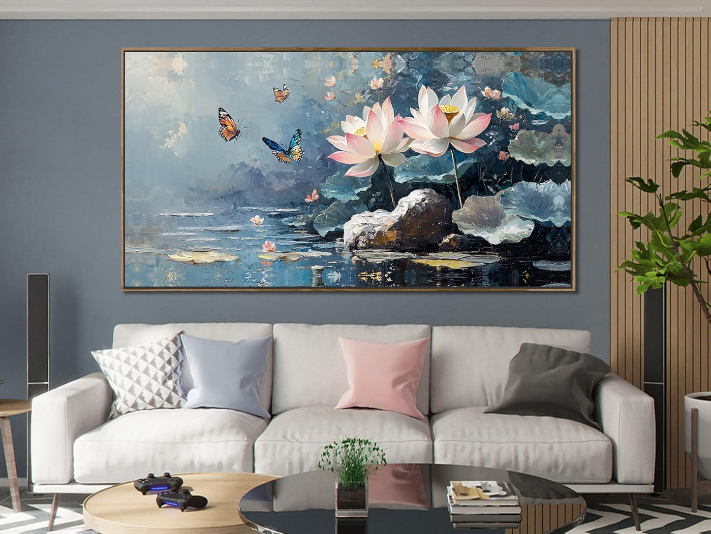 Ardemy Framed Canvas Wall Art Lrage Lotus Floral Pictures Wall Decor Living Room Flower Paintings Artwork for Walls Bedroom Kitchen Dining Room Home Office, 48"x24"