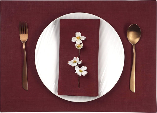 D'Moksha Homes Linen Placemats 14 x 19 Inch - Dark Red Placemats Set of 4-100% Pure Linen Table Place Mats for Fall, Autumn and Halloween - Handcrafted and Machine Washable