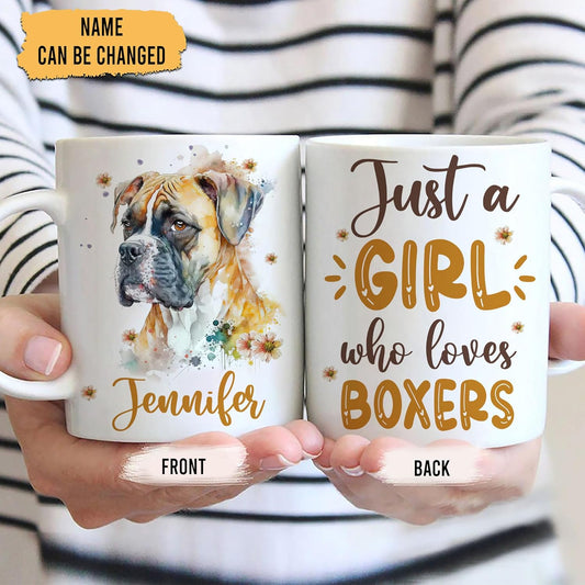 Hyturtle Personalized Gifts Boxer Lover - Just A Girl Who Loves Boxers Custom Name Ceramic Coffee Mug Cup 11oz - Idea Cute Dog Lover Gifts For Women, Girl Daughter On Birthday, Christmas
