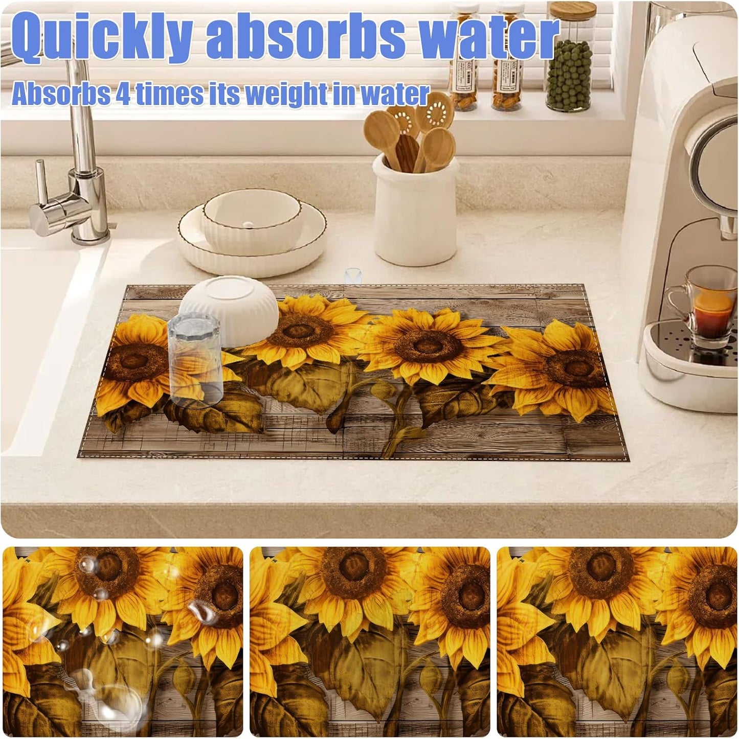 Vintage Sunflower Wooden Grain Dish Drying Mat for Kitchen Counter Drying Pad Absorbent Reversible Dish Drainer Rack Mats Draining Pad 18"x24"Inch