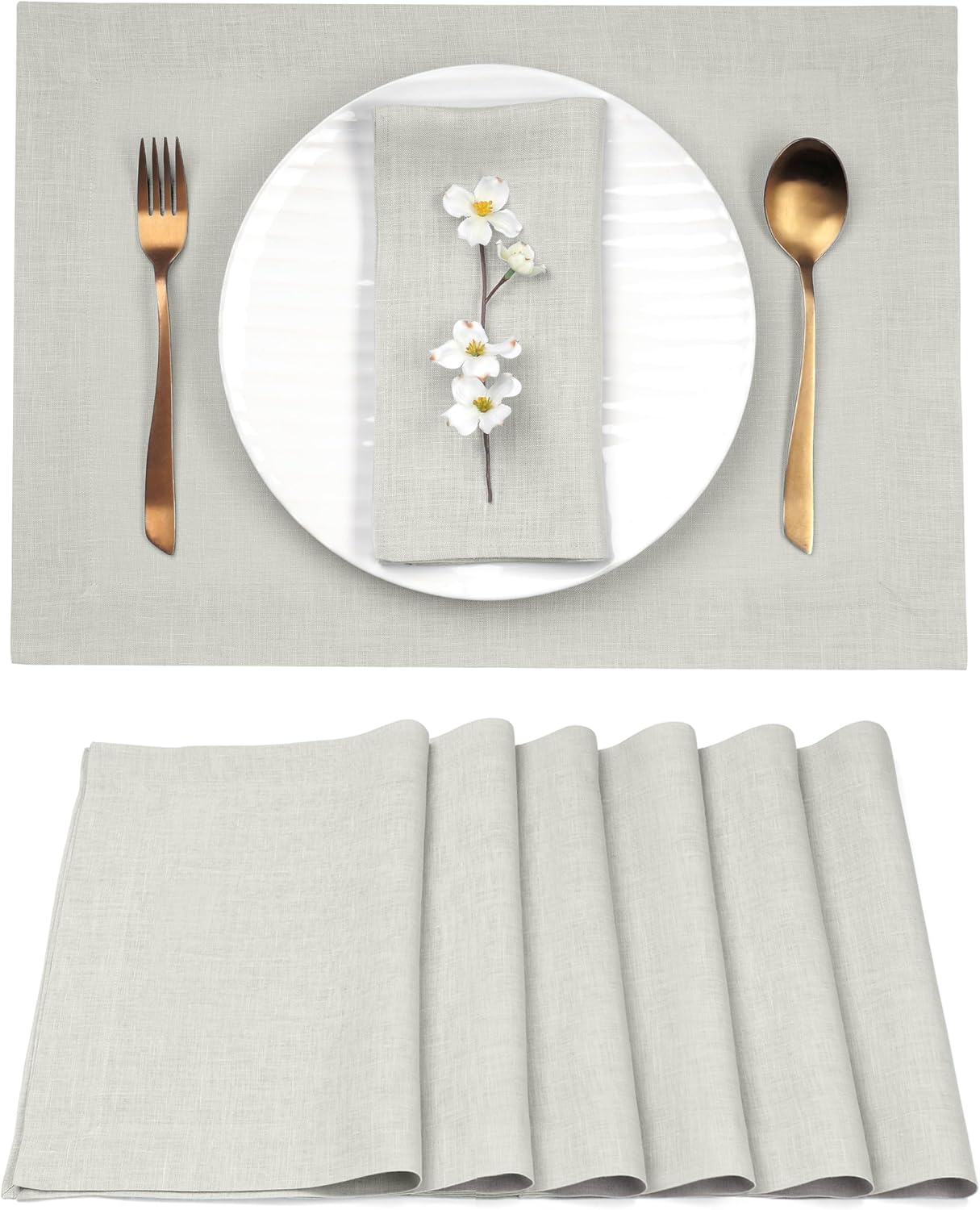D'Moksha Homes Linen Placemats 14 x 19 Inch - Silver Grey Placemats Set of 6-100% Pure Linen Table Place Mats for Fall, Autumn and Halloween - Handcrafted and Machine Washable