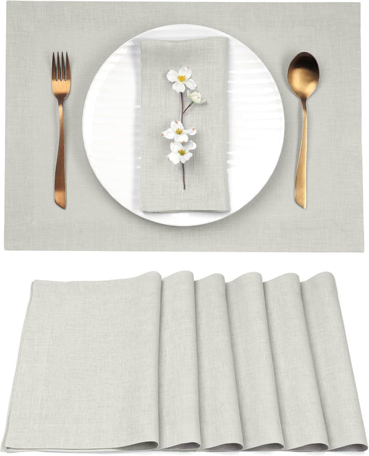 D'Moksha Homes Linen Placemats 14 x 19 Inch - Silver Grey Placemats Set of 6-100% Pure Linen Table Place Mats for Fall, Autumn and Halloween - Handcrafted and Machine Washable