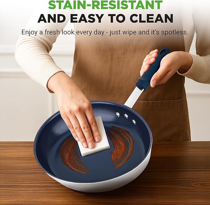 NutriChef 8" Small Fry Pan - Small Skillet Nonstick Frying Pan with Silicone Handle, Ceramic Coating, Blue Silicone Handle, Stain-Resistant, And Easy To Clean, Professional Home Cookware