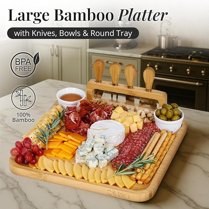Charcuterie Board Set – Bamboo Cheese Platter with Knives, Bowls & Round Tray – Eco-Friendly Gift for Housewarming, Weddings & Parties – Wood Serving Board for Entertaining