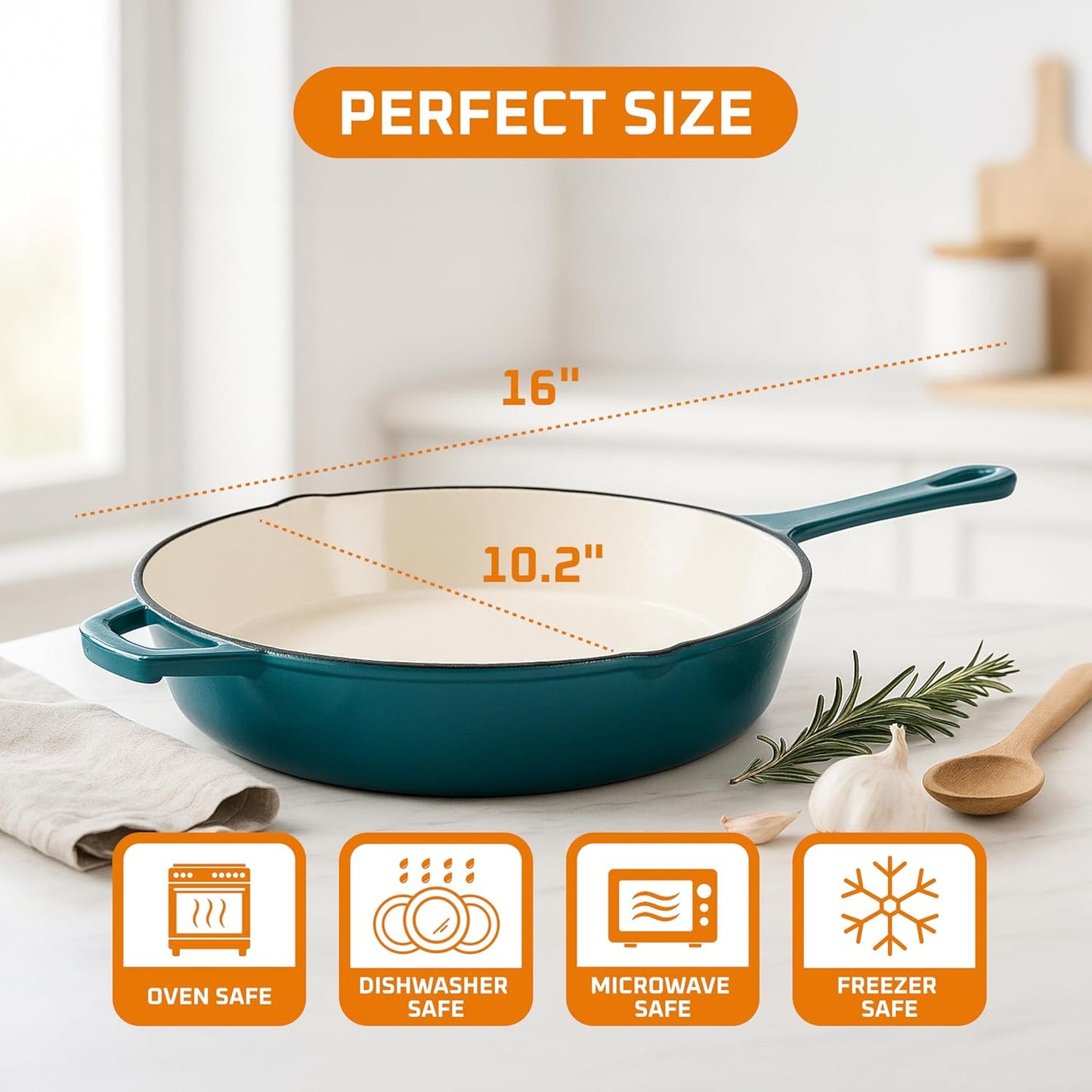 Bruntmor Cast Iron Pan - 10x16-Inch Round Skillet with Pour Spout - Frying Pan Compatible with Stovetops, Ovens, and Grills -Pre-Seasoned Non-Stick Surface Kitchen Tool and Cookware for Frying - Teal