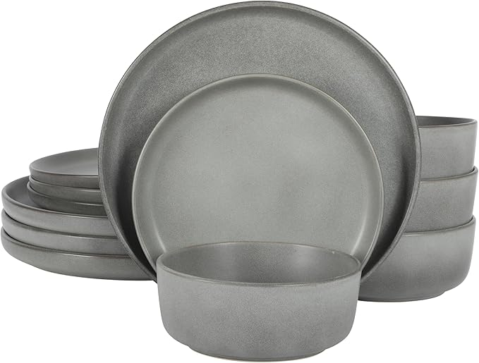 Gibson Elite Pasco 12 Piece (Service for 4) Plates and Bowls Reactive Glaze Dishes Stoneware Ceramic Dinnerware Set - Grey