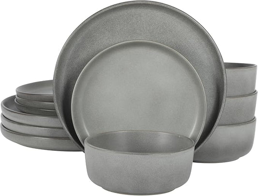 Gibson Elite Pasco 12 Piece (Service for 4) Plates and Bowls Reactive Glaze Dishes Stoneware Ceramic Dinnerware Set - Grey